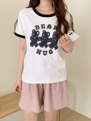 하오인 라인 배색 프린팅 반팔 티셔츠