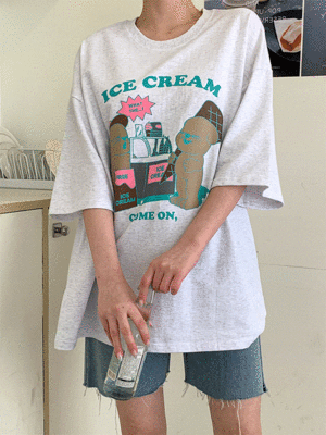 데자요 라운드넥 아이스크림 프린팅 오버핏 반팔 티셔츠